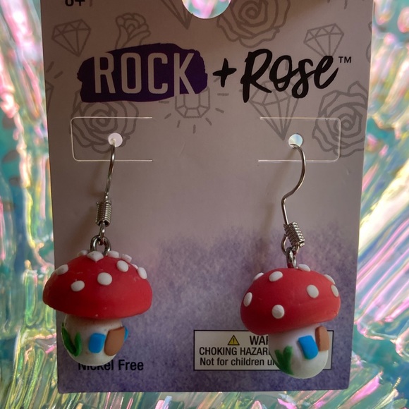 NEW Mushroom Dangle Earrings silver toned Rock & Rose - Picture 1 of 4